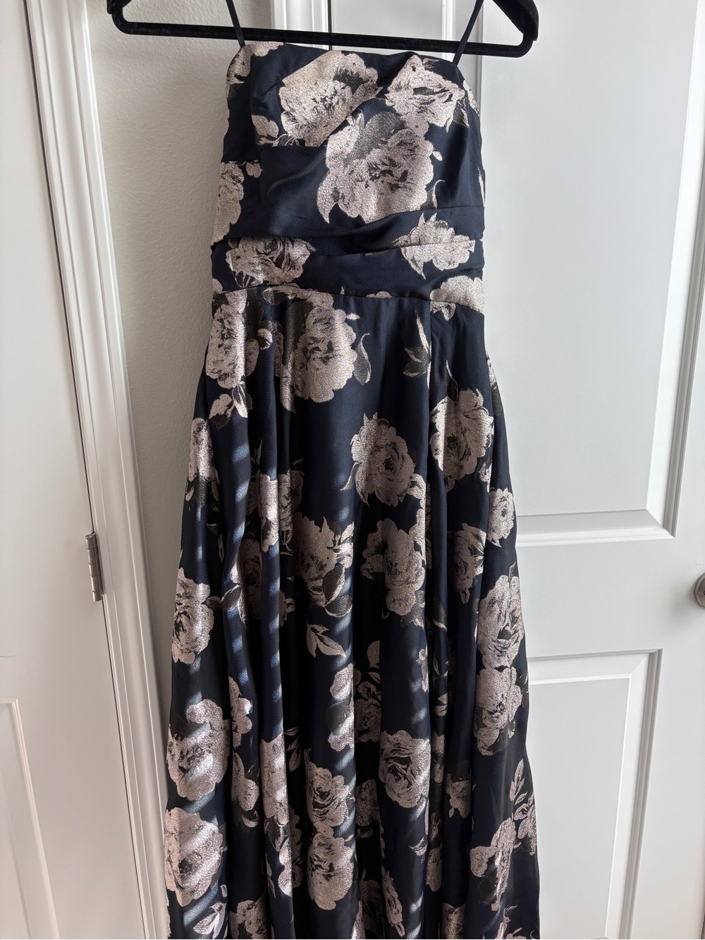 Betsy & Adam Black Strapless Floral Ball Gown with Silver-Taupe Roses - Picture 1 of 4